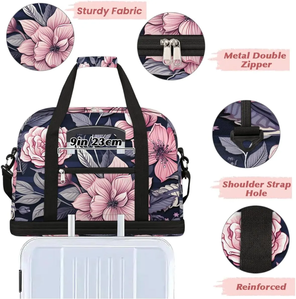 Exquisite Pattern Vivid Flower Travel Duffle Bag, Collapsible Travel Bag Sports Gym Bag With Shoes Compartment Weekender Bag Overnight Bag For Women Men