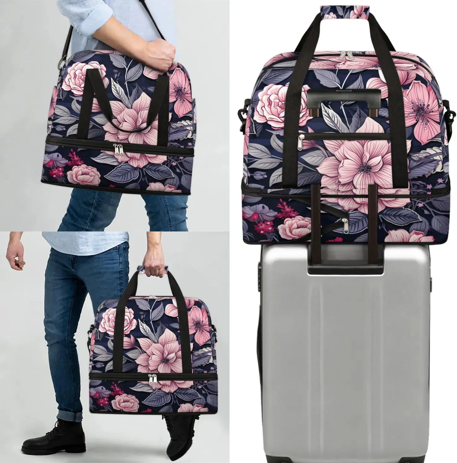 Exquisite Pattern Vivid Flower Travel Duffle Bag, Collapsible Travel Bag Sports Gym Bag With Shoes Compartment Weekender Bag Overnight Bag For Women Men