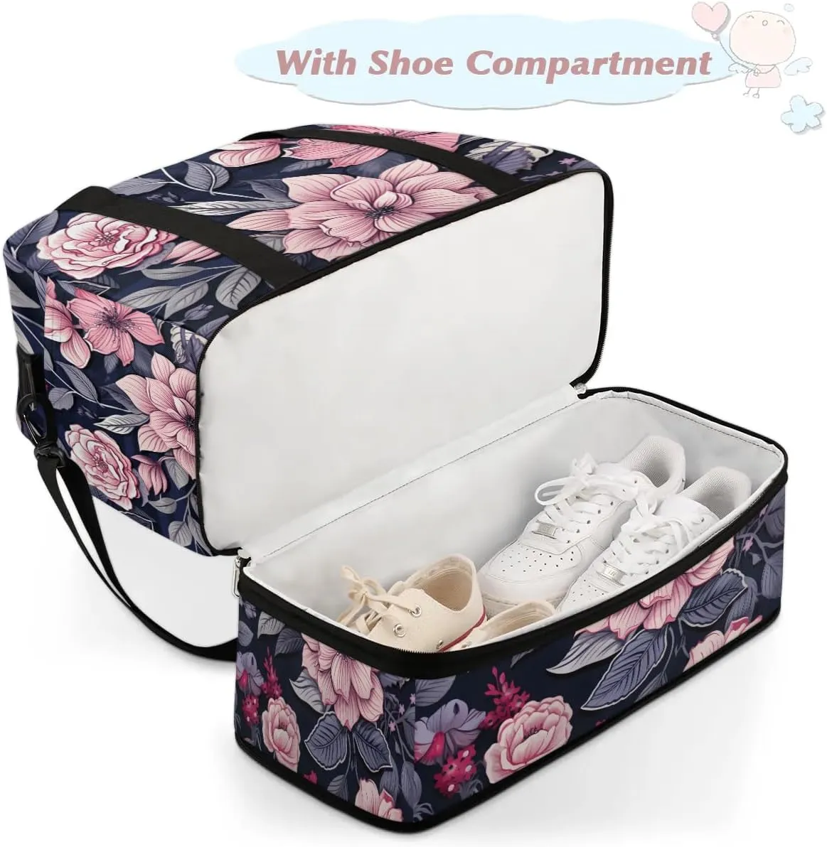 Exquisite Pattern Vivid Flower Travel Duffle Bag, Collapsible Travel Bag Sports Gym Bag With Shoes Compartment Weekender Bag Overnight Bag For Women Men