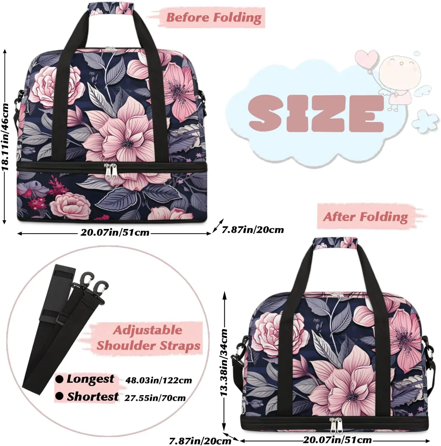 Exquisite Pattern Vivid Flower Travel Duffle Bag, Collapsible Travel Bag Sports Gym Bag With Shoes Compartment Weekender Bag Overnight Bag For Women Men