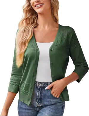 Fall Sweaters for Women 2024 V Neck 3/4 Length Sleeve Button Front Cropped Cardigan Solid Knit Lightweight Cardigans