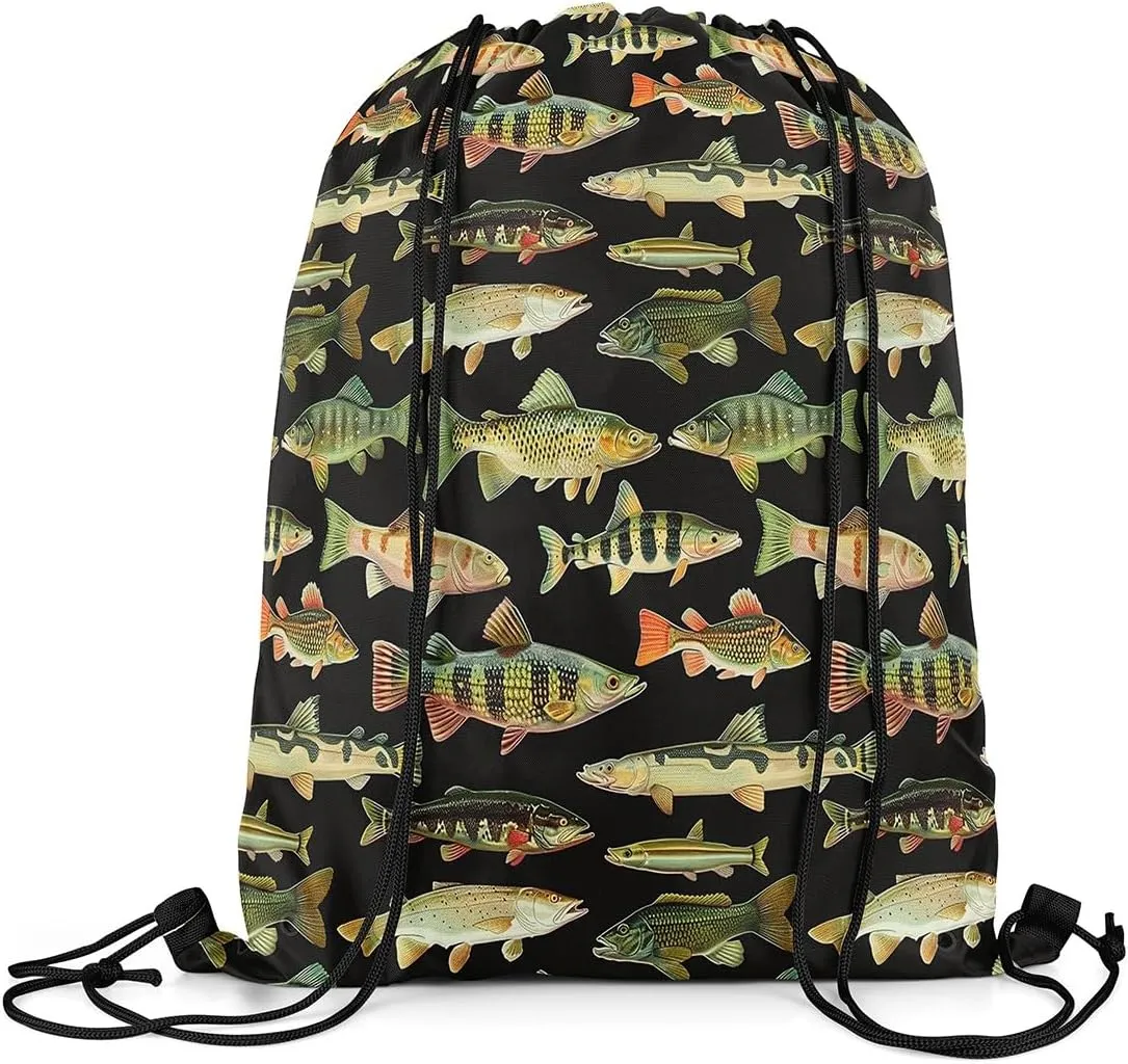 Feelyou Fishing Drawstring Backpack 13x15.7inch Vintage Pike Fish Waterproof Gym Drawstring Bags Fishing and Hunting Beach Swim Travel Bag Sackpack