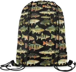 Feelyou Fishing Drawstring Backpack 13x15.7inch Vintage Pike Fish Waterproof Gym Drawstring Bags Fishing and Hunting Beach Swim Travel Bag Sackpack