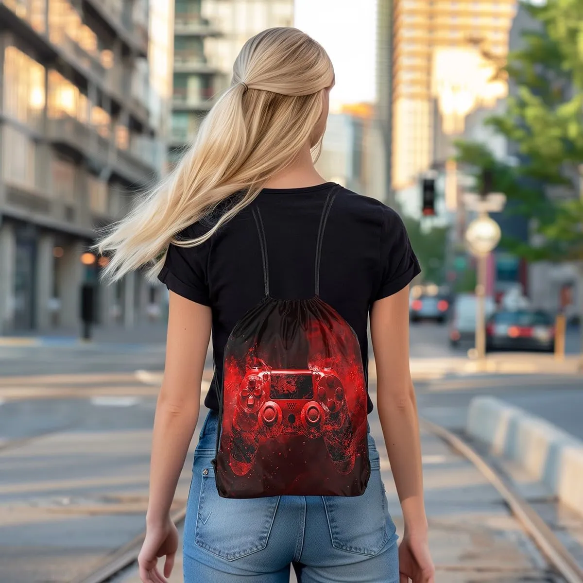 Feelyou Gaming Sports Drawstring Sackpack Gamer Drawstring Backpack for Game Black Red Smokey Drawstring Bags 13"x15.7" Gamepad Waterproof Cinch Bag
