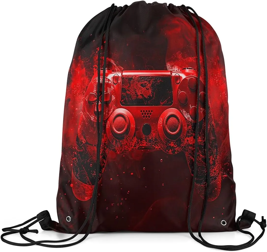 Feelyou Gaming Sports Drawstring Sackpack Gamer Drawstring Backpack for Game Black Red Smokey Drawstring Bags 13"x15.7" Gamepad Waterproof Cinch Bag