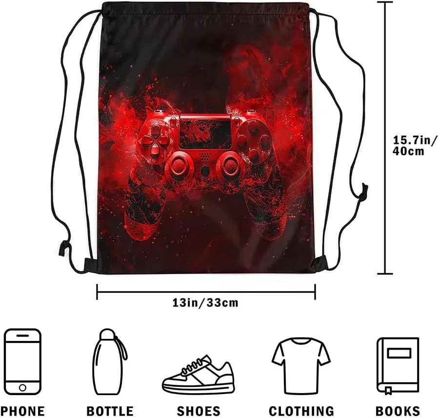 Feelyou Gaming Sports Drawstring Sackpack Gamer Drawstring Backpack for Game Black Red Smokey Drawstring Bags 13"x15.7" Gamepad Waterproof Cinch Bag