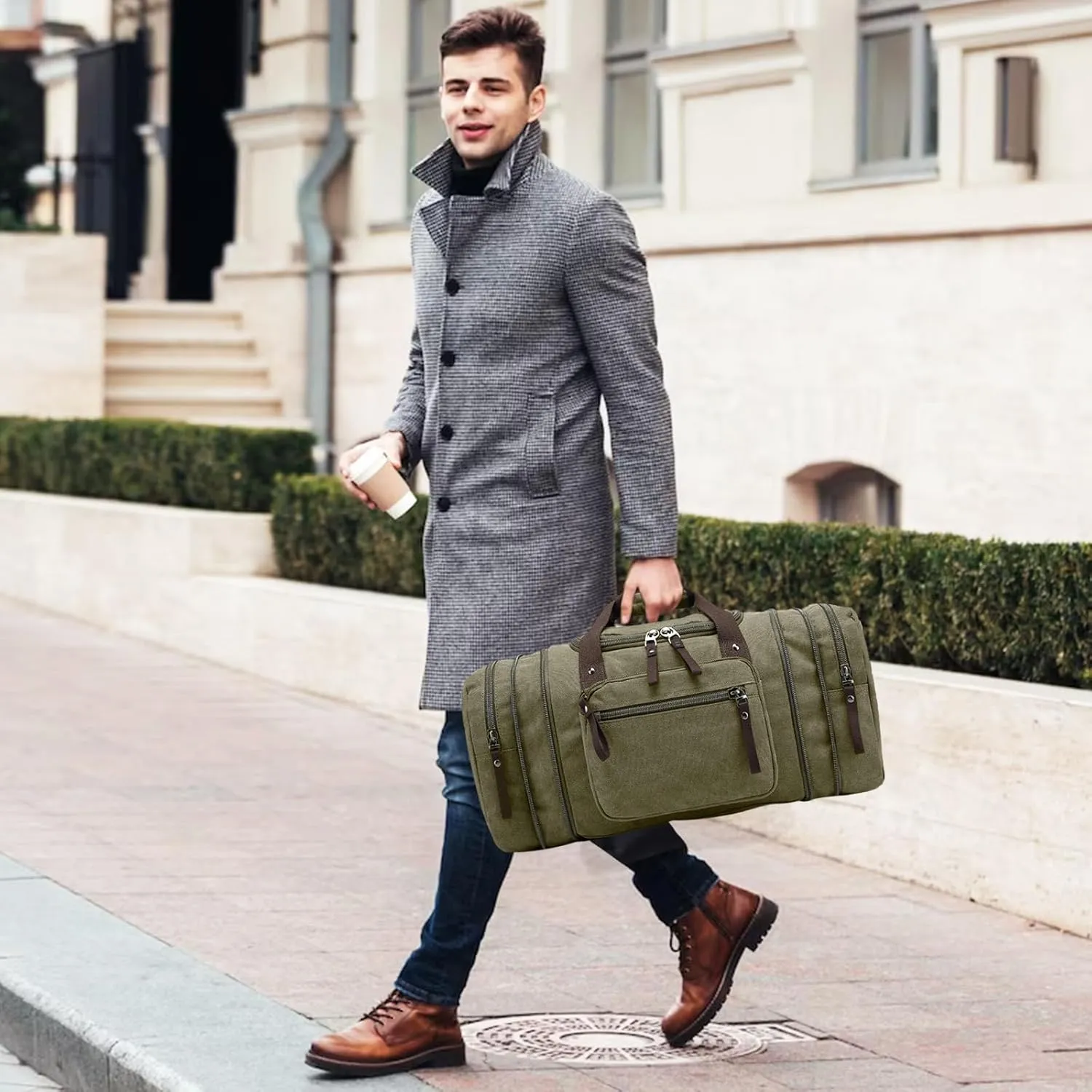 Felipe Varela Green 40L Canvas Duffel Bag for Men, Expandable Travel Gym Overnight Carry On Bag