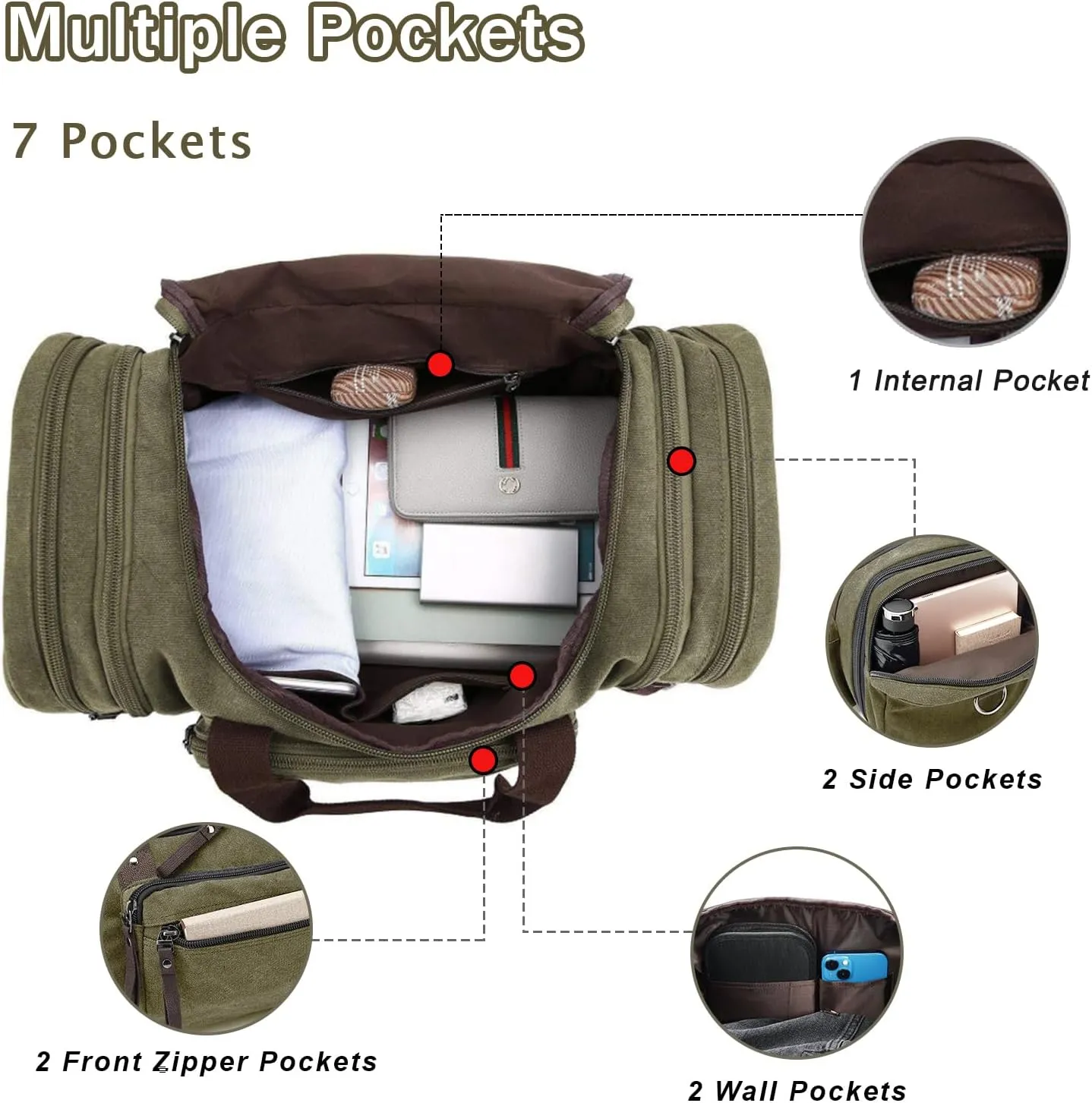 Felipe Varela Green 40L Canvas Duffel Bag for Men, Expandable Travel Gym Overnight Carry On Bag