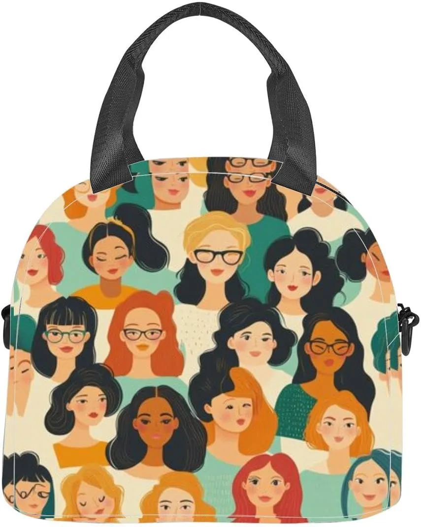 Female diverse faces different ethnicity Women empowerment movement Insulated Adult Lunch Bag with Shoulder Strap for Women Lightweight Reusable Portable Freezable Lunch Tote Bag for Work Picnic