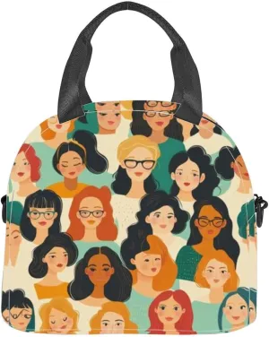 Female diverse faces different ethnicity Women empowerment movement Insulated Adult Lunch Bag with Shoulder Strap for Women Lightweight Reusable Portable Freezable Lunch Tote Bag for Work Picnic