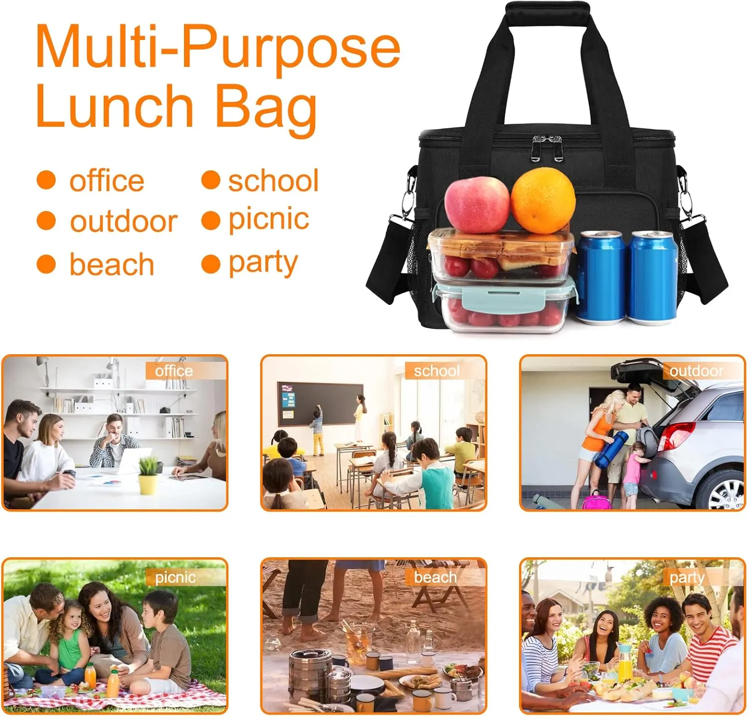 Femuar Lunch Bags for Women/Men, Insulated Lunch Bag for Work Office Picnic - Large Lunch Cooler Bag Leakproof Lunch Box with Adjustable Shoulder Strap for Adults - Black(15L)