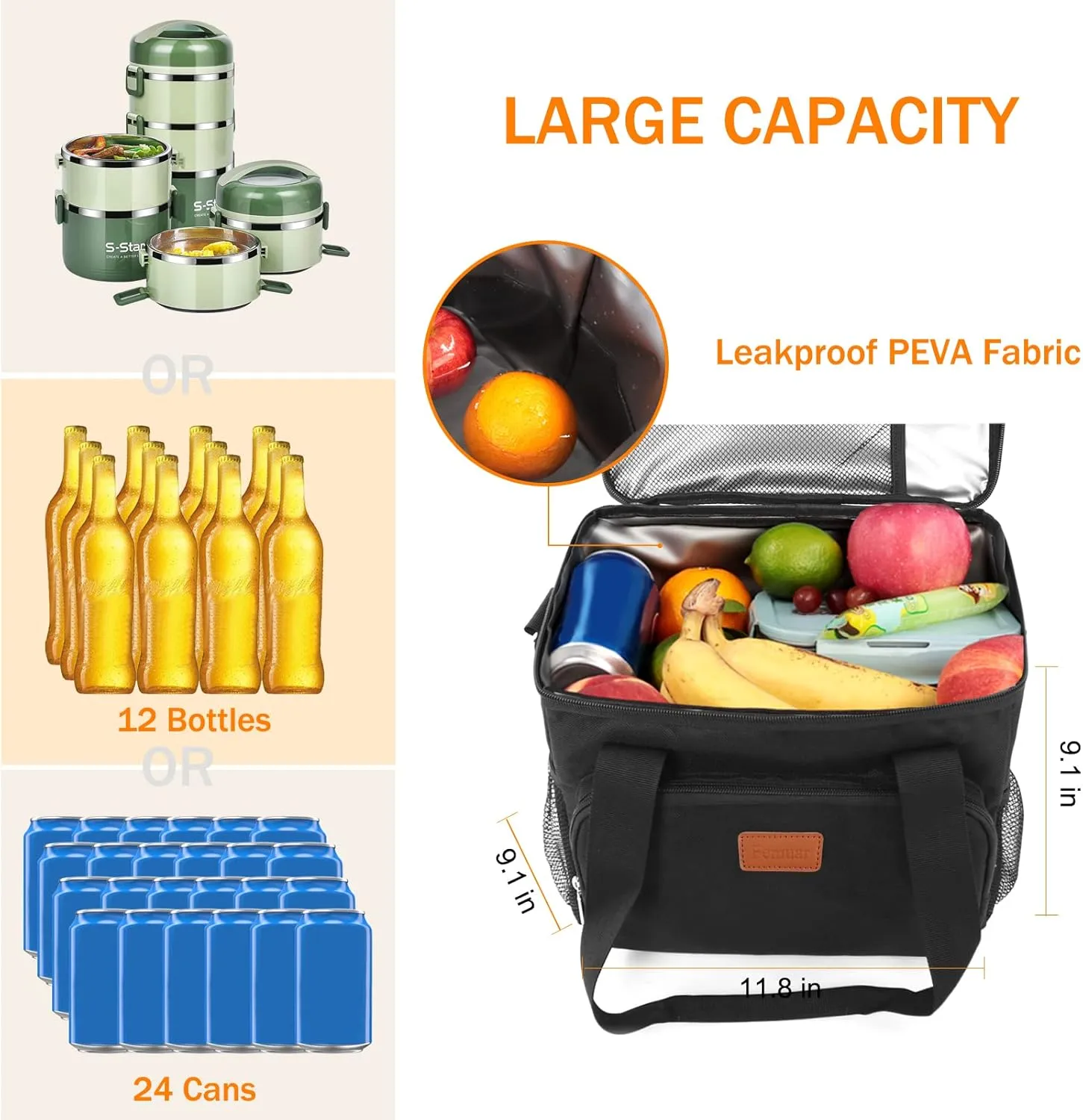 Femuar Lunch Bags for Women/Men, Insulated Lunch Bag for Work Office Picnic - Large Lunch Cooler Bag Leakproof Lunch Box with Adjustable Shoulder Strap for Adults - Black(15L)