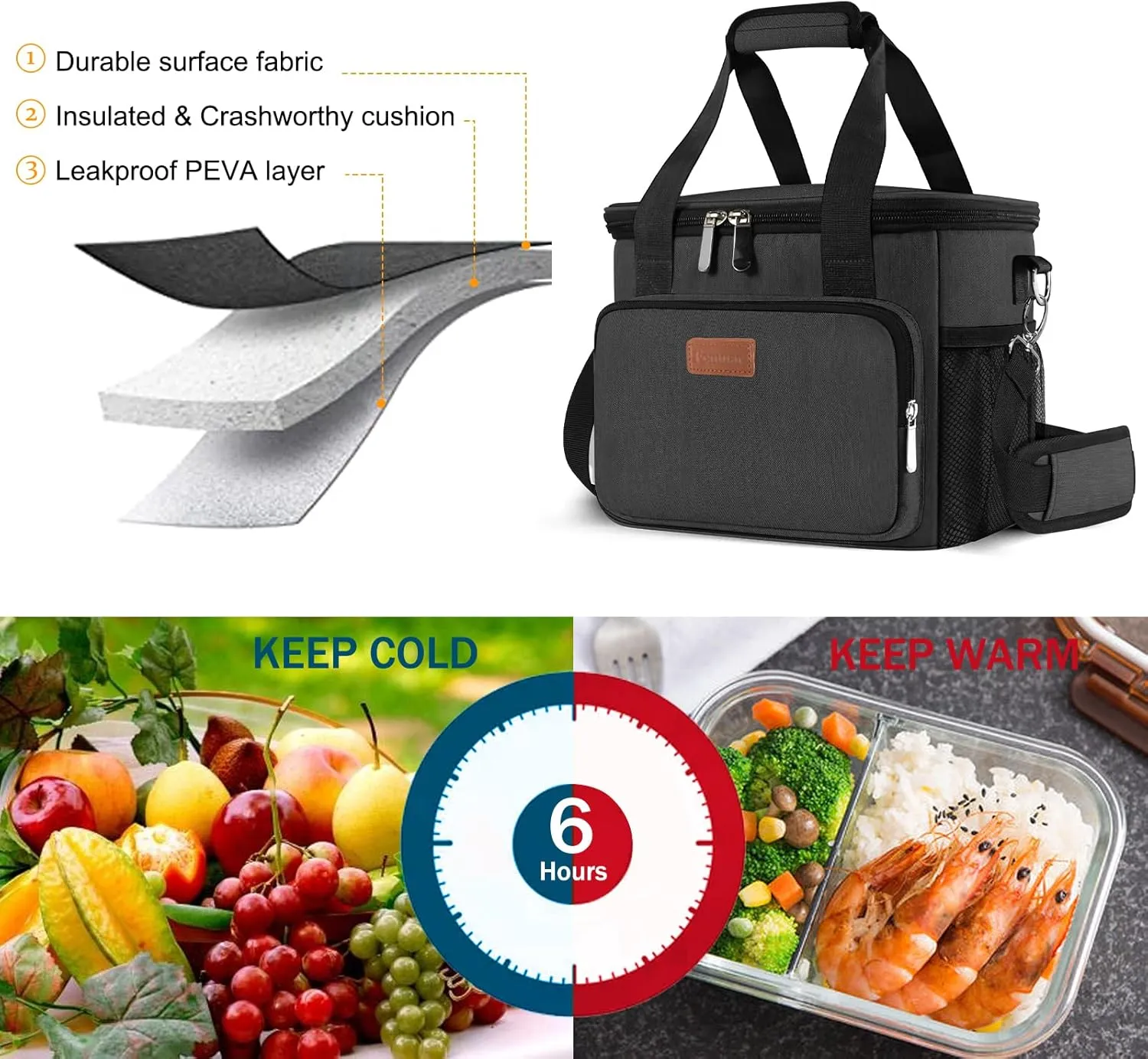 Femuar Lunch Bags for Women/Men, Insulated Lunch Bag for Work Office Picnic - Large Lunch Cooler Bag Leakproof Lunch Box with Adjustable Shoulder Strap for Adults - Charcoal(15L)