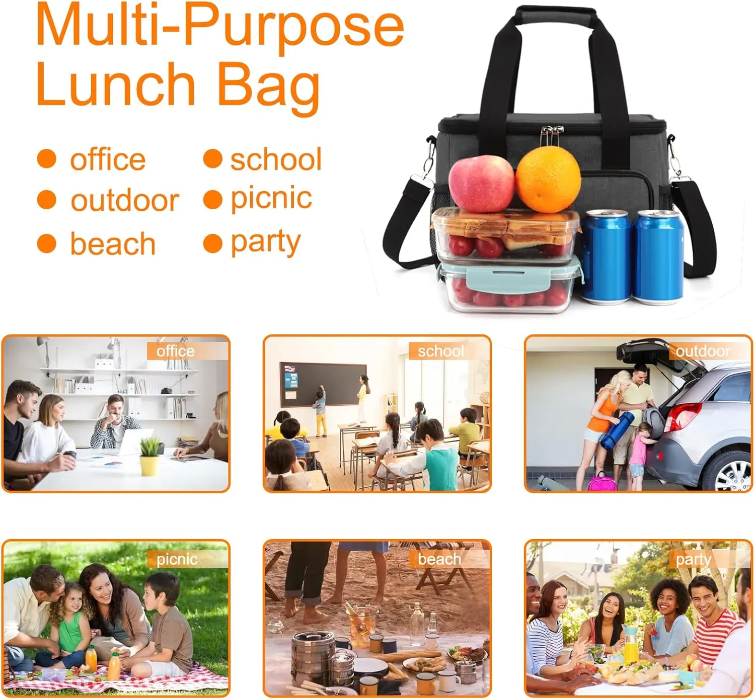 Femuar Lunch Bags for Women/Men, Insulated Lunch Bag for Work Office Picnic - Large Lunch Cooler Bag Leakproof Lunch Box with Adjustable Shoulder Strap for Adults - Charcoal(15L)