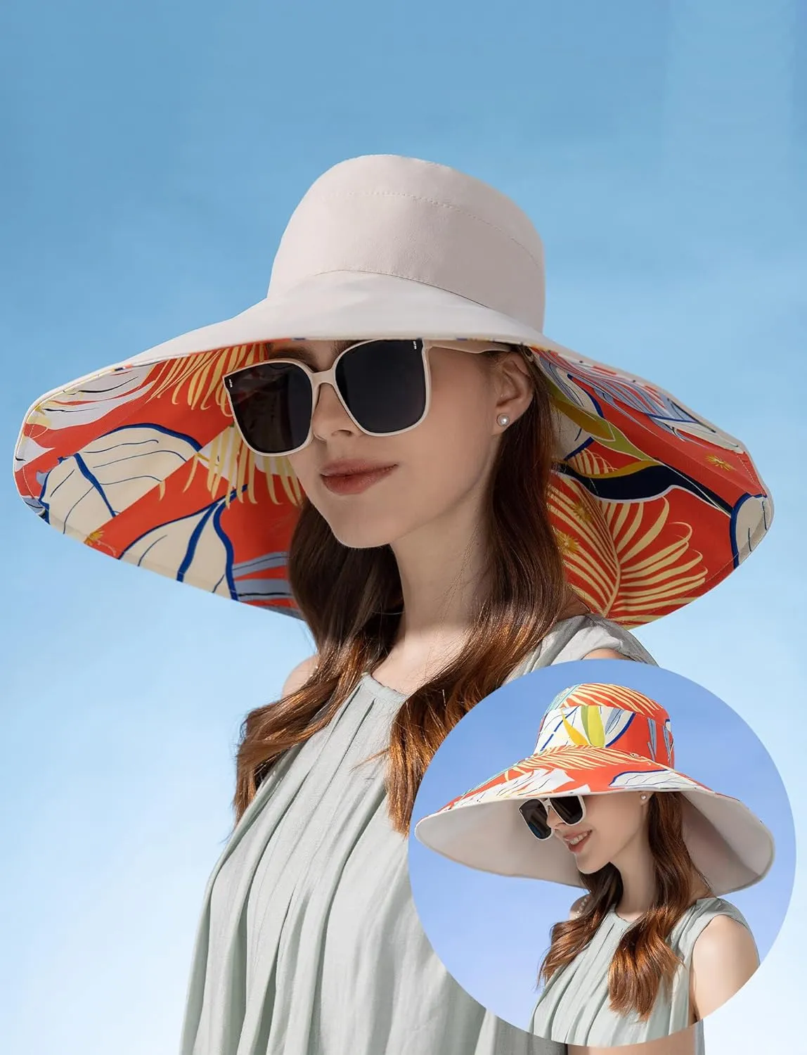 FEOYA Women's Sun Hat Cotton Wide Brim Hat Double-Sided Foldable Hats Uv Protection Travel Hat, Hiking Hat, Fishing Hat