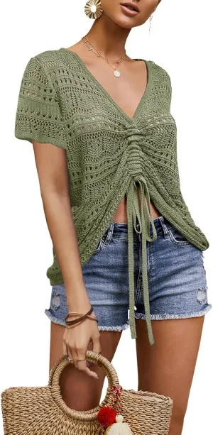 FERBIA Women Crochet Top Beach Cloth Drawstring Shirt Cover Up Oversized Sexy Beachwear Lace Up Tee Poncho