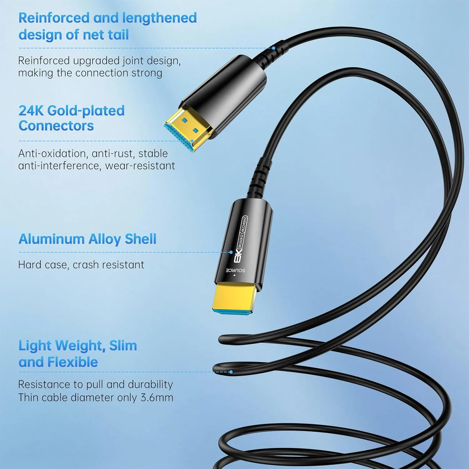 Fiber Optic HDMI Cable 80 FT, 8K Long HDMI 2.1 Cable, Thin HDMI Cord 48Gbps Ultra High Speed, 8K@60Hz 4K@240Hz, Dynamic HDR, eARC,HDCP 2.2&2.3, 3D, Compatible for PS4/5/Xbox/TV/Laptop/Monitor