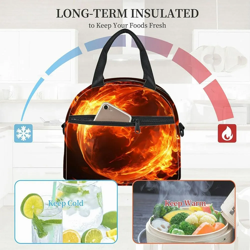 fire ball Insulated Adult Lunch Bag with Shoulder Strap for Women Lightweight Reusable Portable Freezable Lunch Tote Bag for Work Picnic