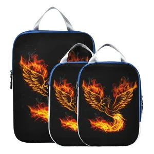 Fire Burning Phoenix Bird with Wings on Black 3 Piece set Cubes Expandable Adjustable Luggage Packing Bags, Ultralight Organizer Accessories Travel Suitcase Compressible Bags