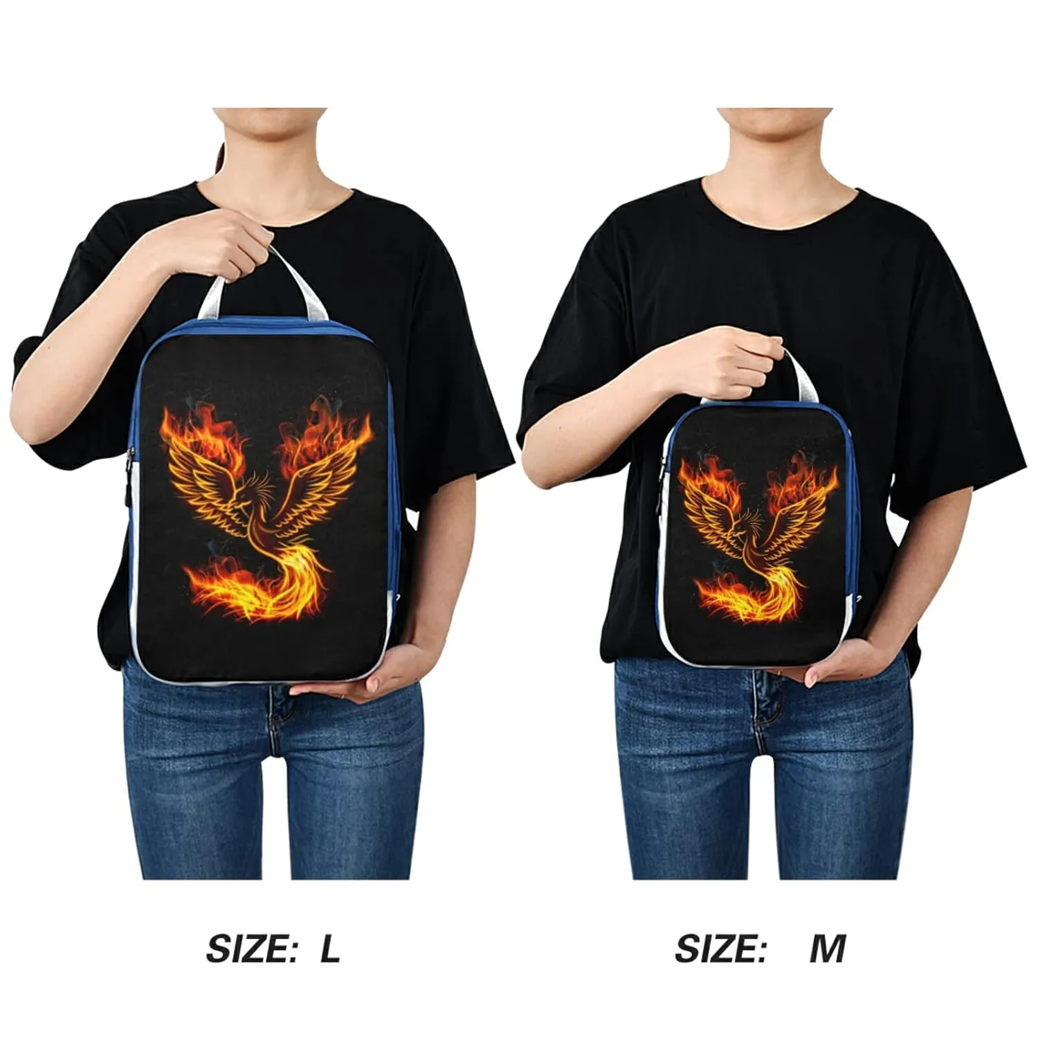 Fire Burning Phoenix Bird with Wings on Black 3 Piece set Cubes Expandable Adjustable Luggage Packing Bags, Ultralight Organizer Accessories Travel Suitcase Compressible Bags