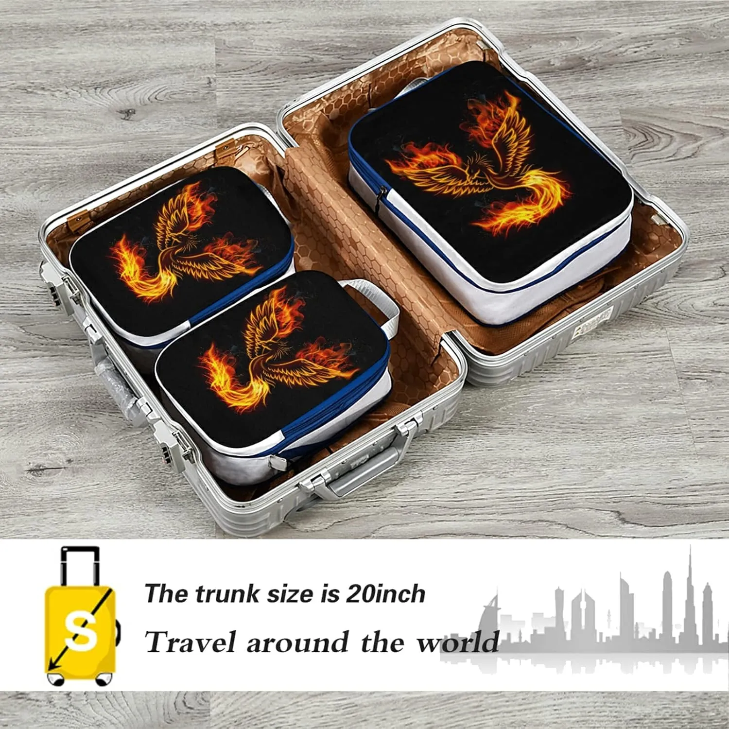 Fire Burning Phoenix Bird with Wings on Black 3 Piece set Cubes Expandable Adjustable Luggage Packing Bags, Ultralight Organizer Accessories Travel Suitcase Compressible Bags