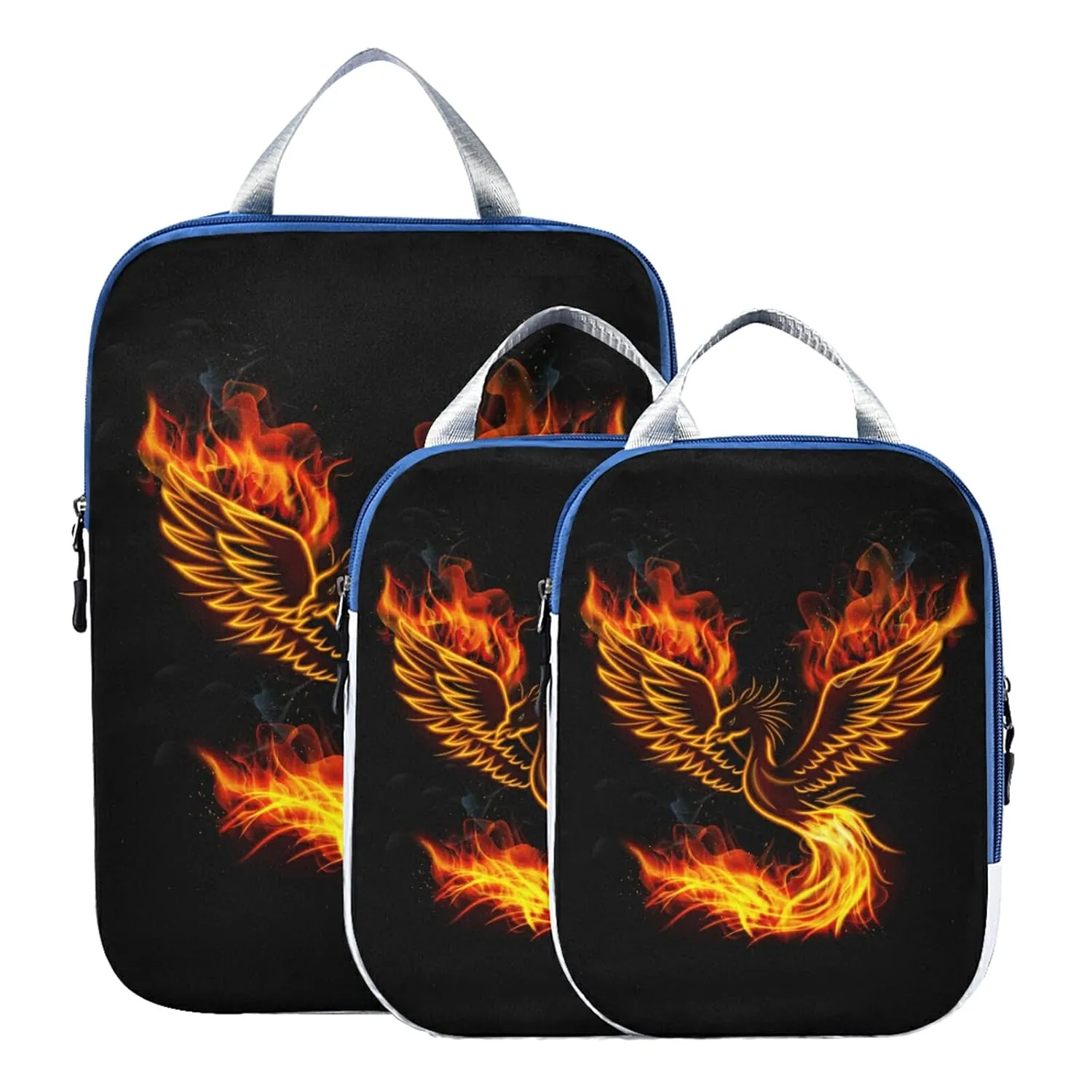 Fire Burning Phoenix Bird with Wings on Black 3 Piece set Cubes Expandable Adjustable Luggage Packing Bags, Ultralight Organizer Accessories Travel Suitcase Compressible Bags
