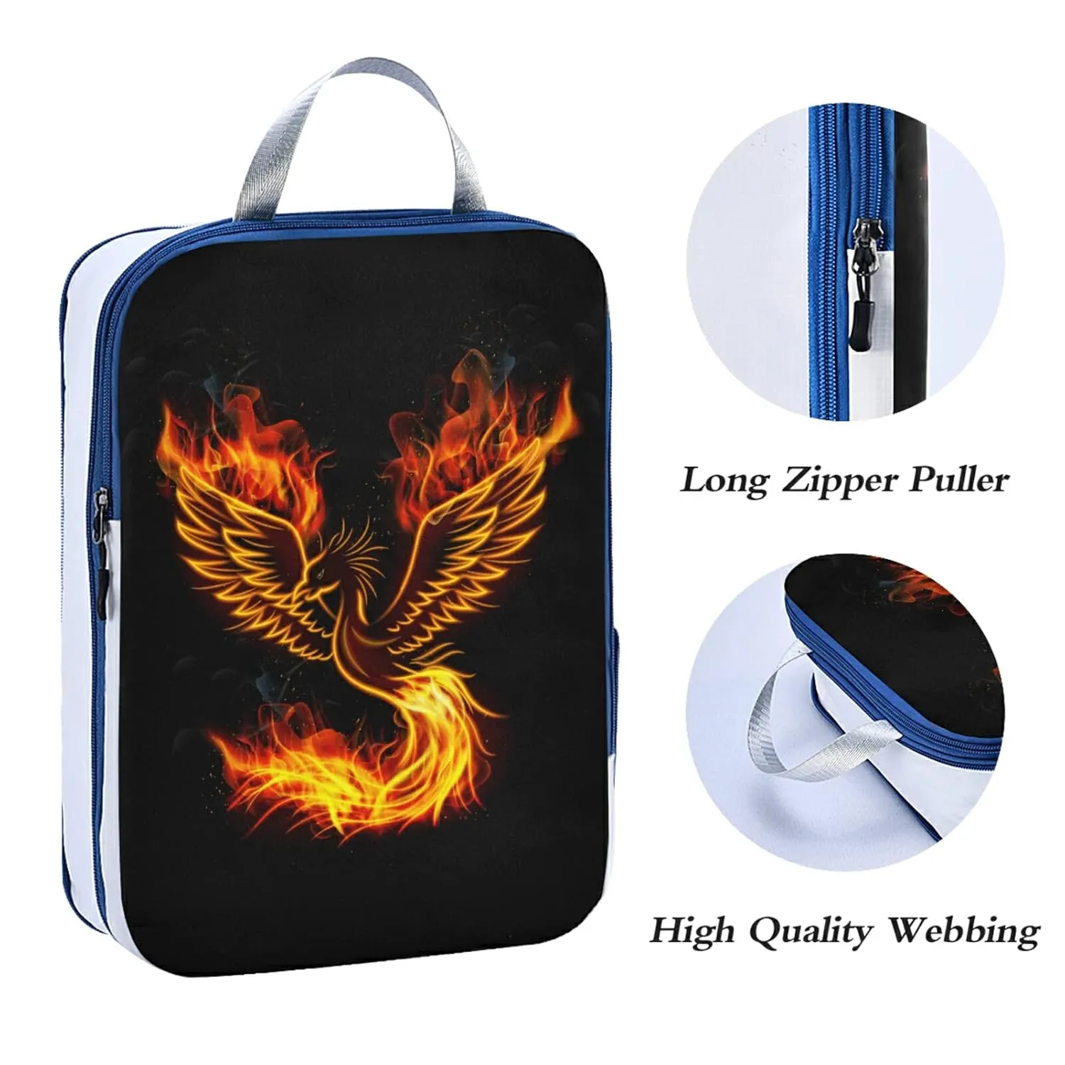 Fire Burning Phoenix Bird with Wings on Black 3 Piece set Cubes Expandable Adjustable Luggage Packing Bags, Ultralight Organizer Accessories Travel Suitcase Compressible Bags