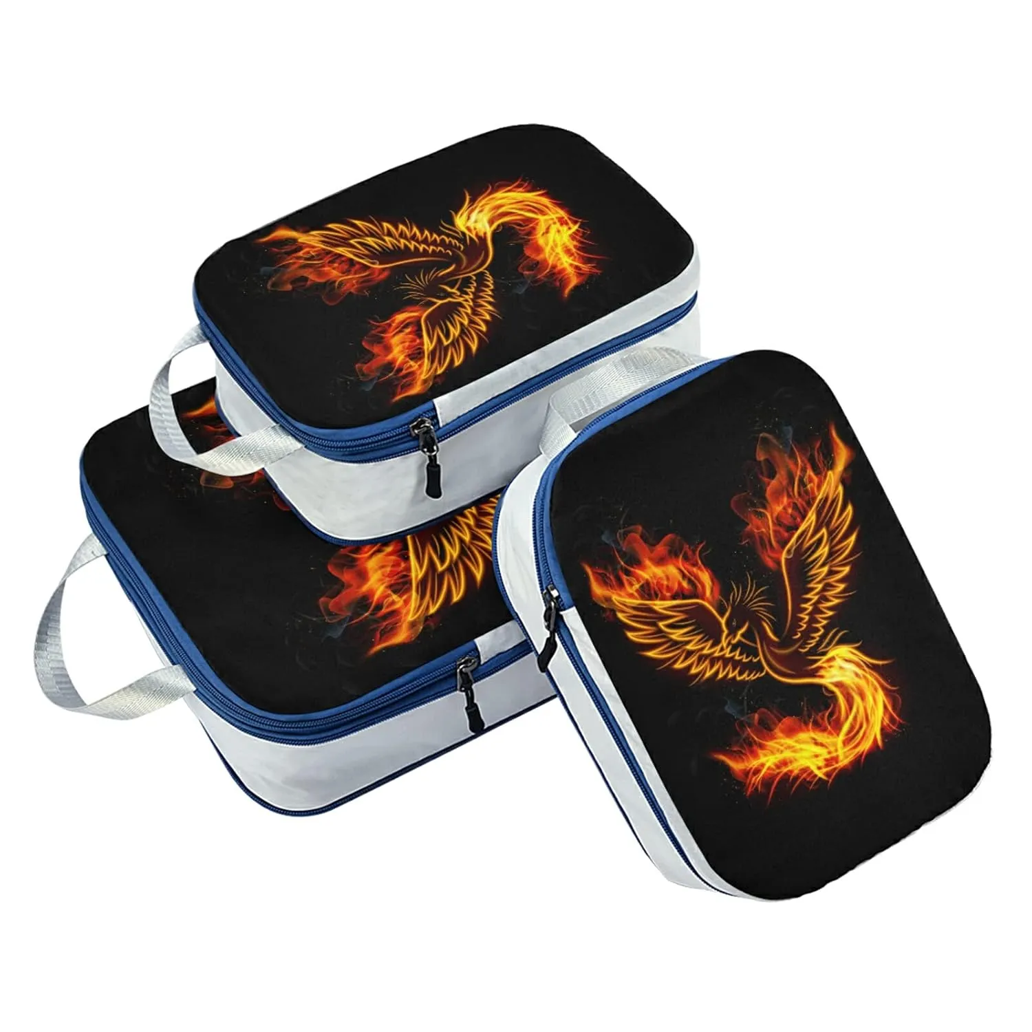 Fire Burning Phoenix Bird with Wings on Black 3 Piece set Cubes Expandable Adjustable Luggage Packing Bags, Ultralight Organizer Accessories Travel Suitcase Compressible Bags