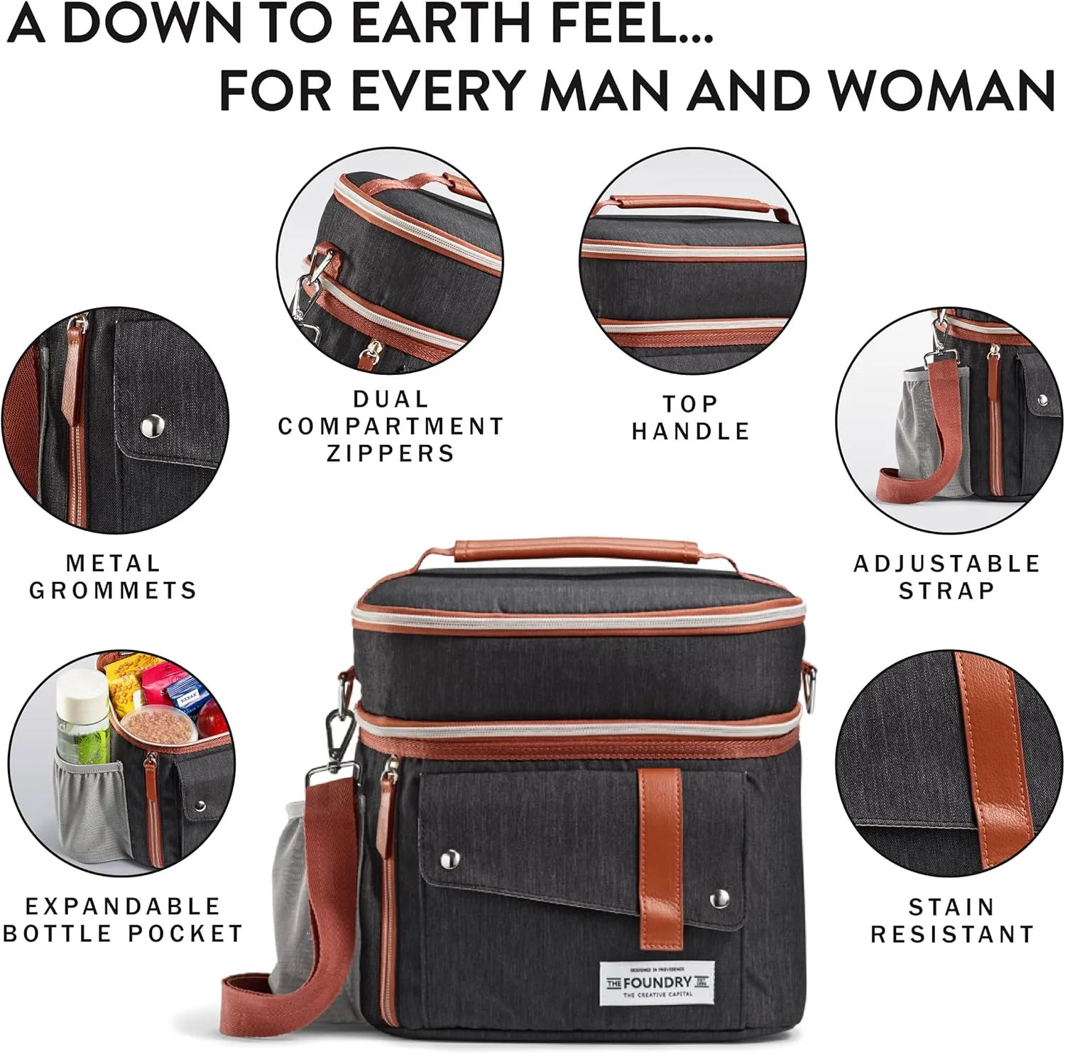 Fit & Fresh Foundry Extra Large Insulated Lunch Box for Men & Women, Large Lunch Bag for Meal Prep, Double Decker Adult Lunch Box for Men with Containers, Adjustable Strap, Dual Compartment, Black