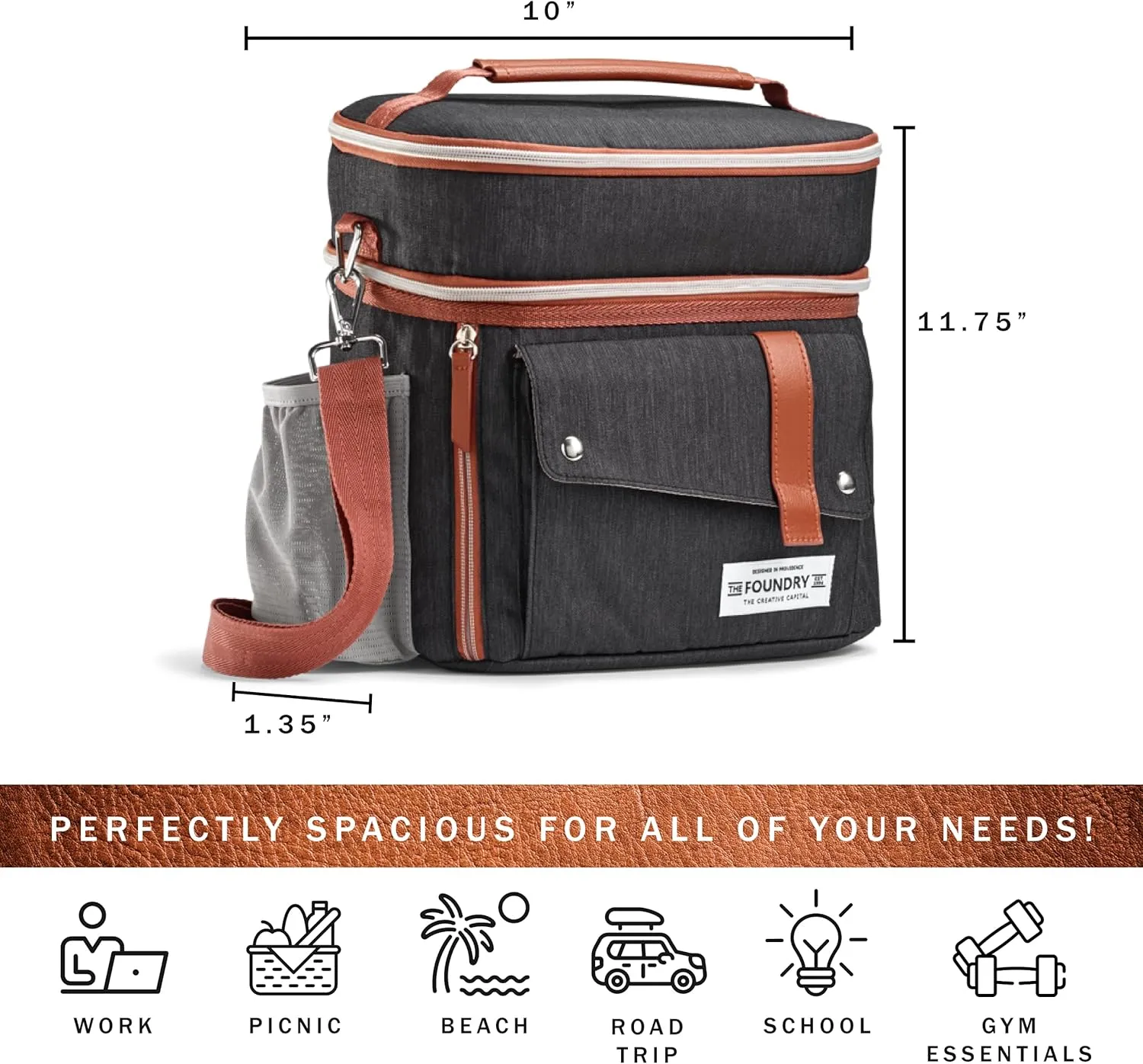 Fit & Fresh Foundry Extra Large Insulated Lunch Box for Men & Women, Large Lunch Bag for Meal Prep, Double Decker Adult Lunch Box for Men with Containers, Adjustable Strap, Dual Compartment, Black