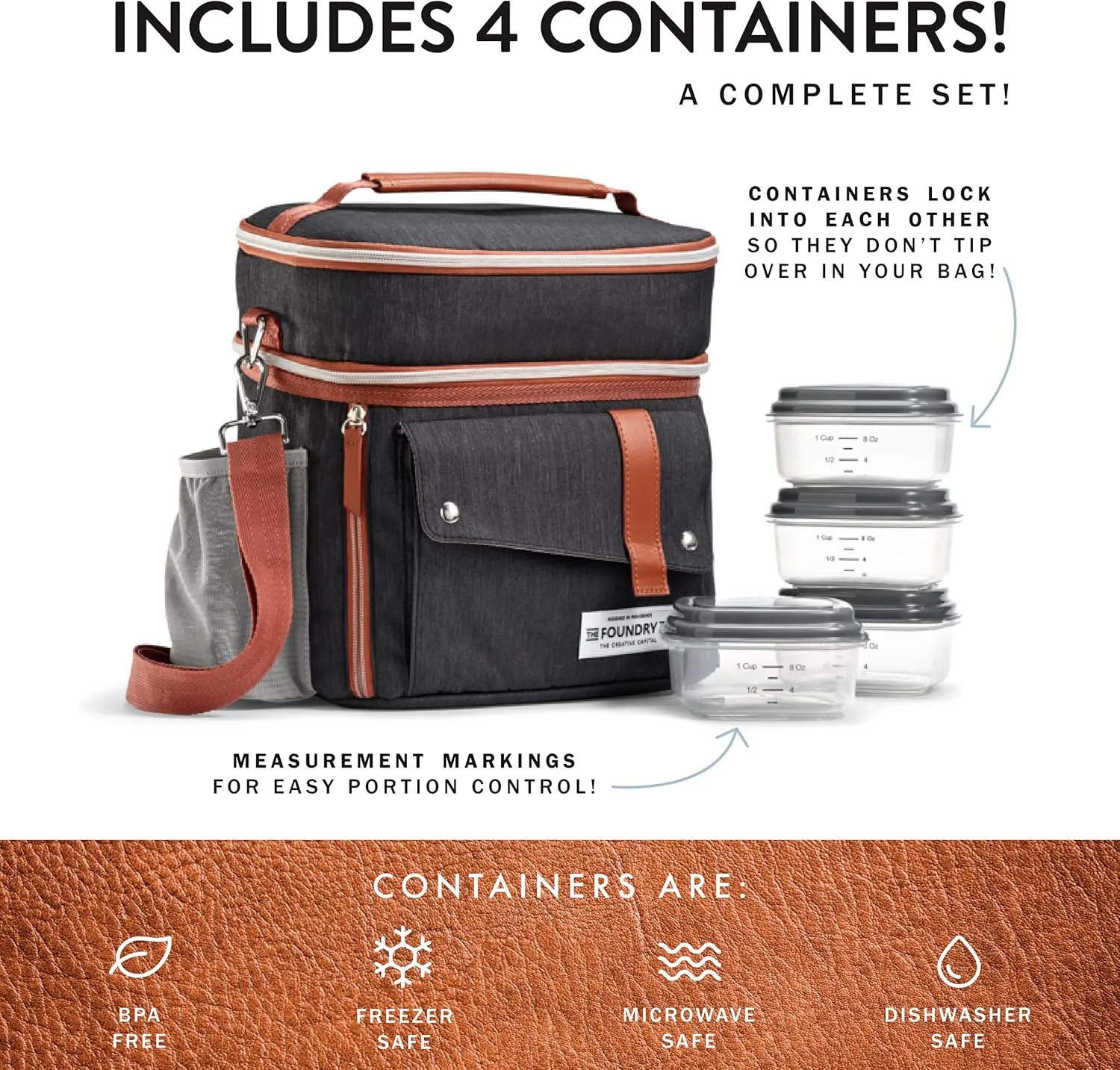 Fit & Fresh Foundry Extra Large Insulated Lunch Box for Men & Women, Large Lunch Bag for Meal Prep, Double Decker Adult Lunch Box for Men with Containers, Adjustable Strap, Dual Compartment, Black