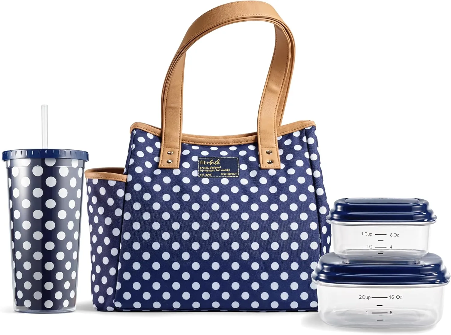 Fit & Fresh Lunch Bag For Women, Insulated Womens Lunch Bag For Work, Leakproof & Stain-Resistant Large Lunch Box For Women With Containers and Matching Tumbler, Zipper, Westerly Lunch Bag, Navy Dot