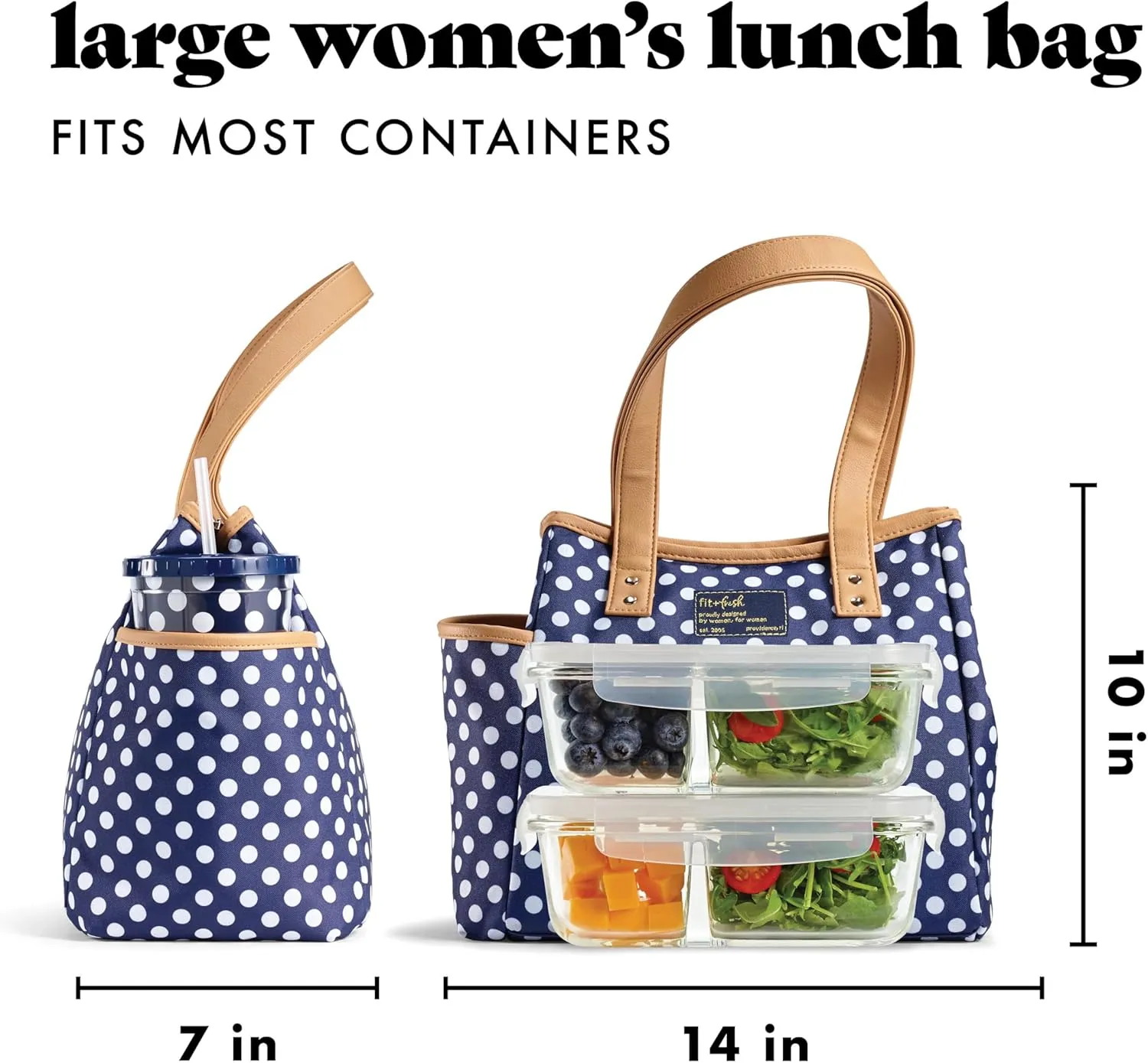 Fit & Fresh Lunch Bag For Women, Insulated Womens Lunch Bag For Work, Leakproof & Stain-Resistant Large Lunch Box For Women With Containers and Matching Tumbler, Zipper, Westerly Lunch Bag, Navy Dot