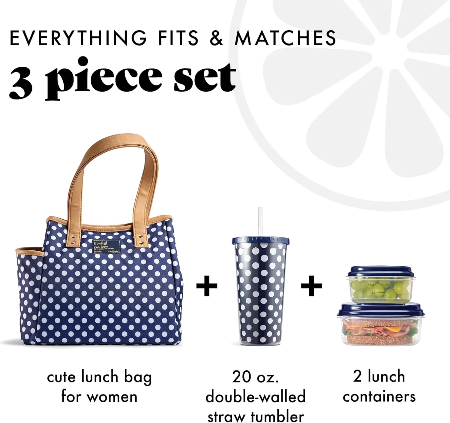 Fit & Fresh Lunch Bag For Women, Insulated Womens Lunch Bag For Work, Leakproof & Stain-Resistant Large Lunch Box For Women With Containers and Matching Tumbler, Zipper, Westerly Lunch Bag, Navy Dot
