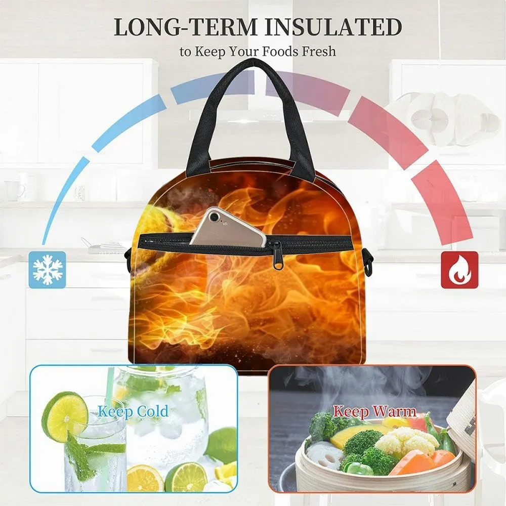 flaming tennis ball engulfed blazing fire dramatic sports Insulated Adult Lunch Bag with Shoulder Strap for Women Lightweight Reusable Portable Freezable Lunch Tote Bag for Work Picnic
