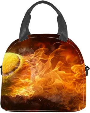flaming tennis ball engulfed blazing fire dramatic sports Insulated Adult Lunch Bag with Shoulder Strap for Women Lightweight Reusable Portable Freezable Lunch Tote Bag for Work Picnic