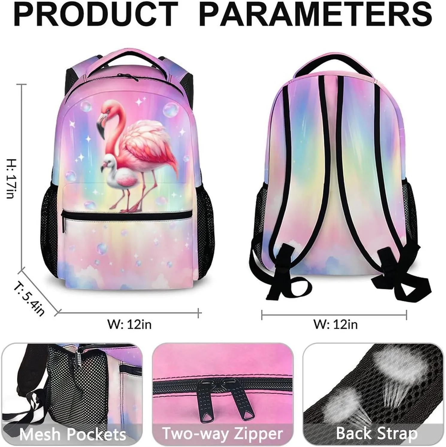 Flamingo Backpack for Girls, Schoolbag for Kids Preschool Kindergarten Primary, Pink Flamingo Gifts, 17 Inch Lightweight Backpack for School