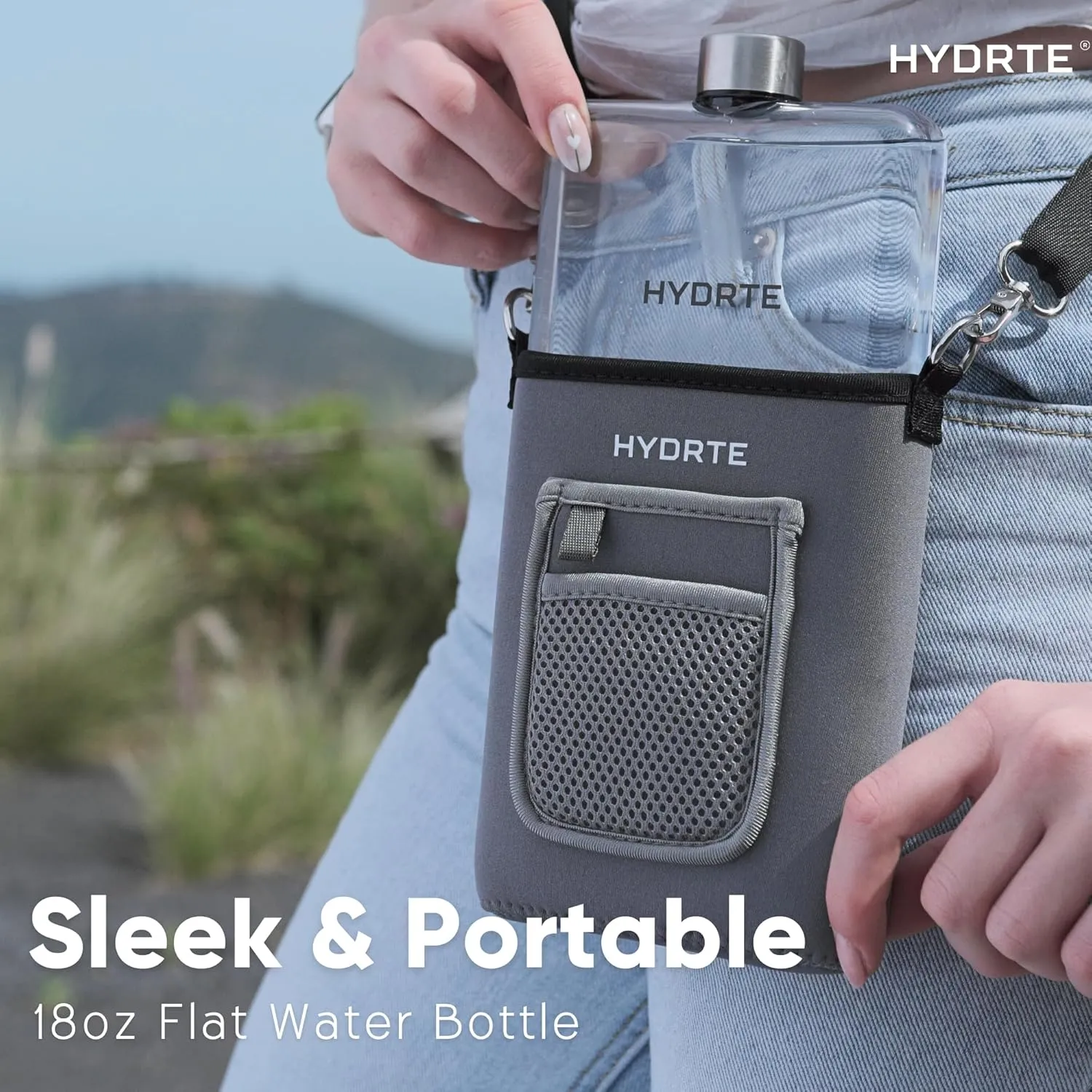 Flat Travel Water Bottle | Leak Proof Slim Flask | BPA Free | 18 oz (Slate Grey)