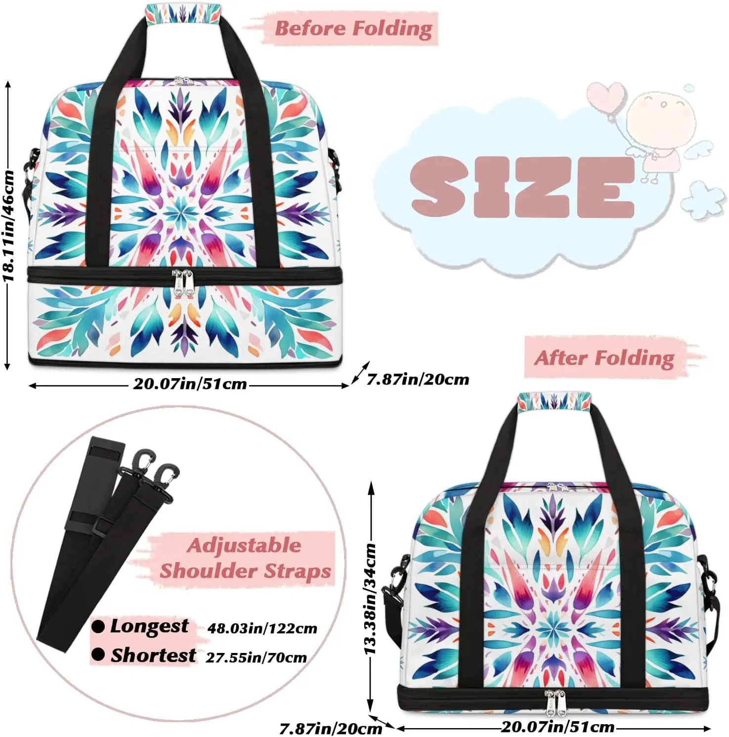 Flora Boho Prints Travel Duffle Bag, Collapsible Travel Bag Sports Gym Bag With Shoes Compartment Weekender Bag Overnight Bag For Women Men