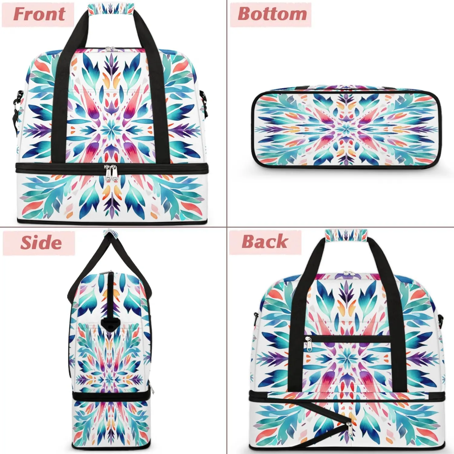 Flora Boho Prints Travel Duffle Bag, Collapsible Travel Bag Sports Gym Bag With Shoes Compartment Weekender Bag Overnight Bag For Women Men