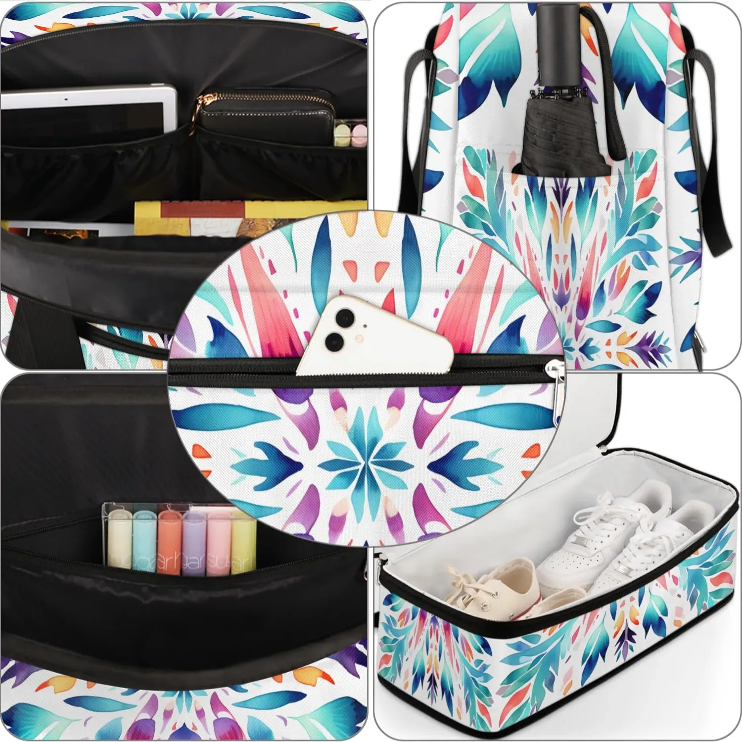 Flora Boho Prints Travel Duffle Bag, Collapsible Travel Bag Sports Gym Bag With Shoes Compartment Weekender Bag Overnight Bag For Women Men