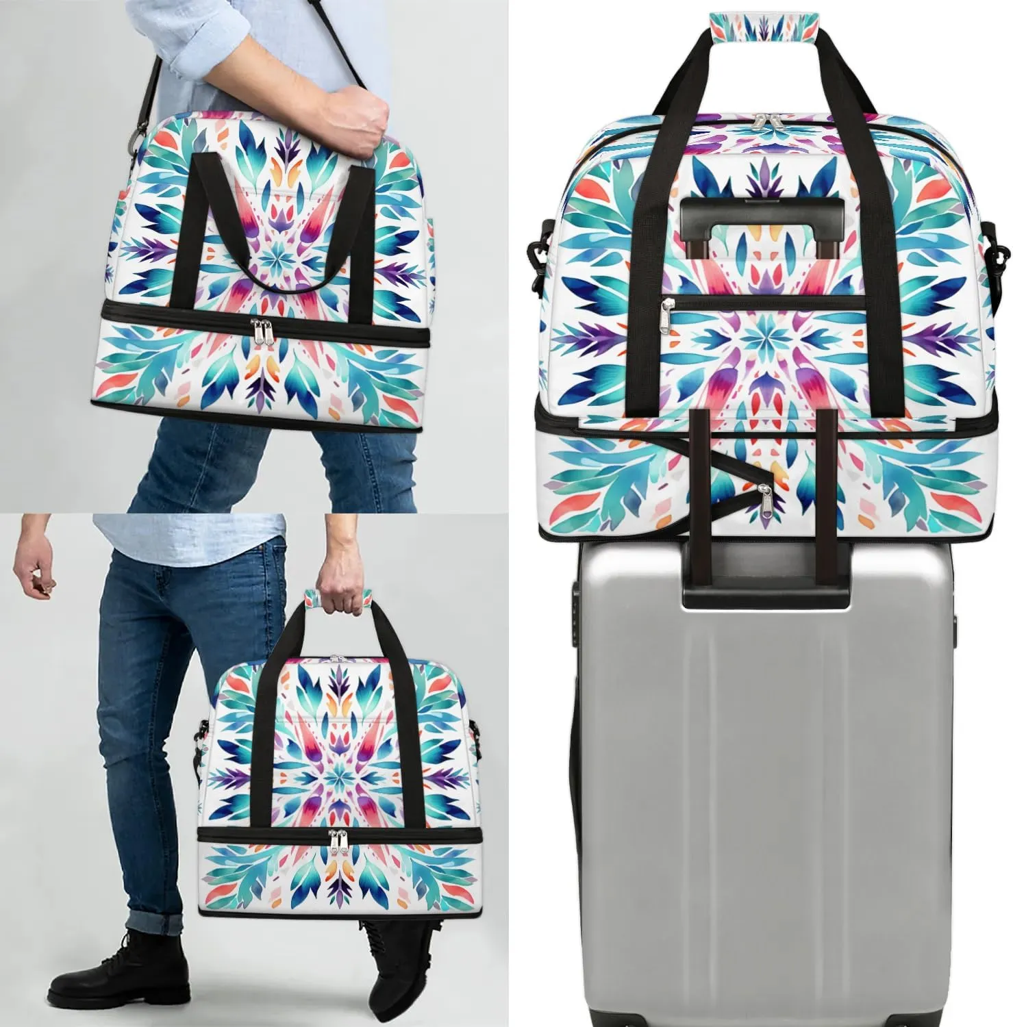 Flora Boho Prints Travel Duffle Bag, Collapsible Travel Bag Sports Gym Bag With Shoes Compartment Weekender Bag Overnight Bag For Women Men