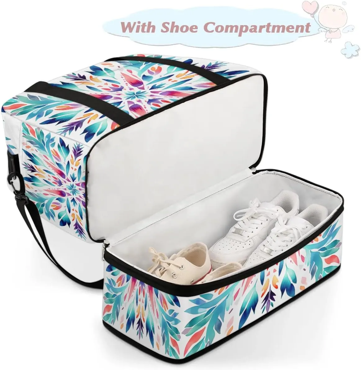 Flora Boho Prints Travel Duffle Bag, Collapsible Travel Bag Sports Gym Bag With Shoes Compartment Weekender Bag Overnight Bag For Women Men