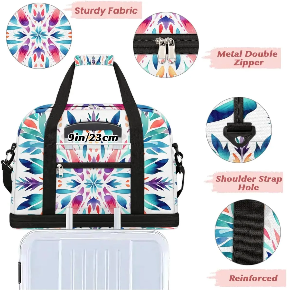 Flora Boho Prints Travel Duffle Bag, Collapsible Travel Bag Sports Gym Bag With Shoes Compartment Weekender Bag Overnight Bag For Women Men