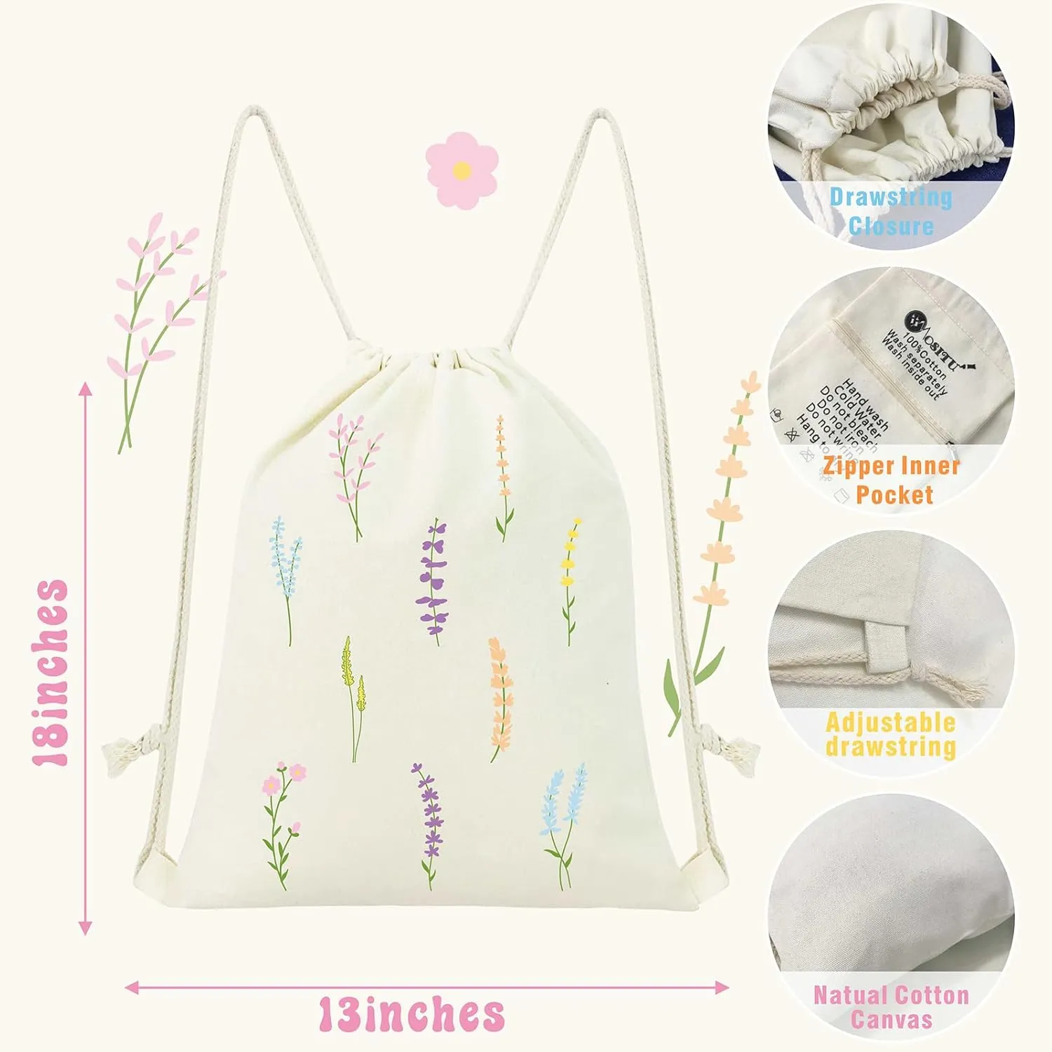 Floral Drawstring Backpack Aesthetic Cute Drawstring Bag Small Flower Cotton Canvas Drawstring Backpack for Women Gift Sport Gym String Bag Grocery Sack Bag Travel Sackpack