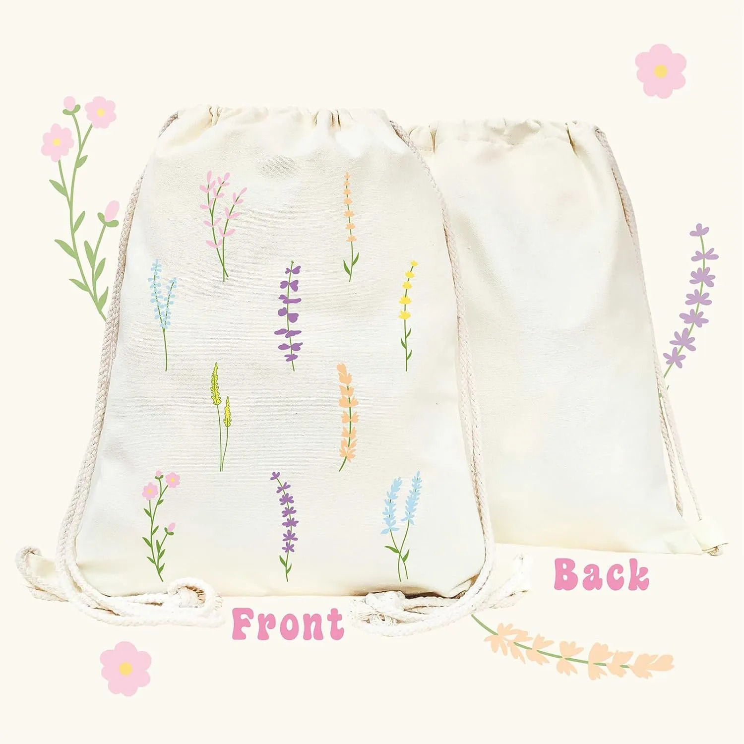 Floral Drawstring Backpack Aesthetic Cute Drawstring Bag Small Flower Cotton Canvas Drawstring Backpack for Women Gift Sport Gym String Bag Grocery Sack Bag Travel Sackpack