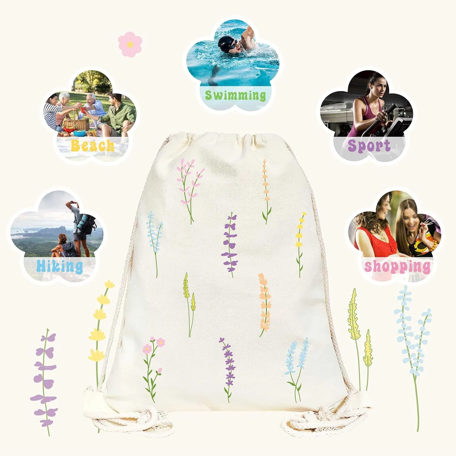Floral Drawstring Backpack Aesthetic Cute Drawstring Bag Small Flower Cotton Canvas Drawstring Backpack for Women Gift Sport Gym String Bag Grocery Sack Bag Travel Sackpack