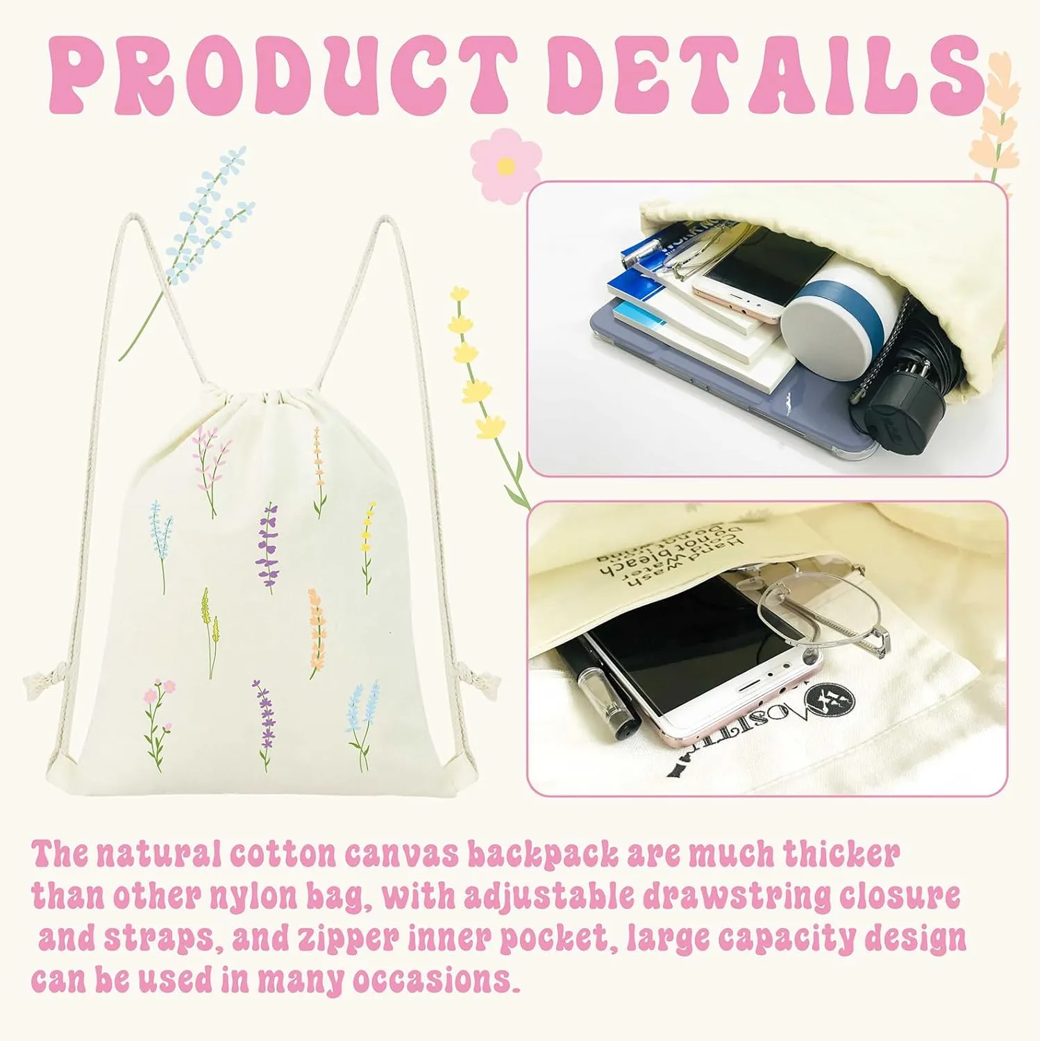 Floral Drawstring Backpack Aesthetic Cute Drawstring Bag Small Flower Cotton Canvas Drawstring Backpack for Women Gift Sport Gym String Bag Grocery Sack Bag Travel Sackpack