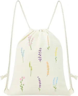 Floral Drawstring Backpack Aesthetic Cute Drawstring Bag Small Flower Cotton Canvas Drawstring Backpack for Women Gift Sport Gym String Bag Grocery Sack Bag Travel Sackpack