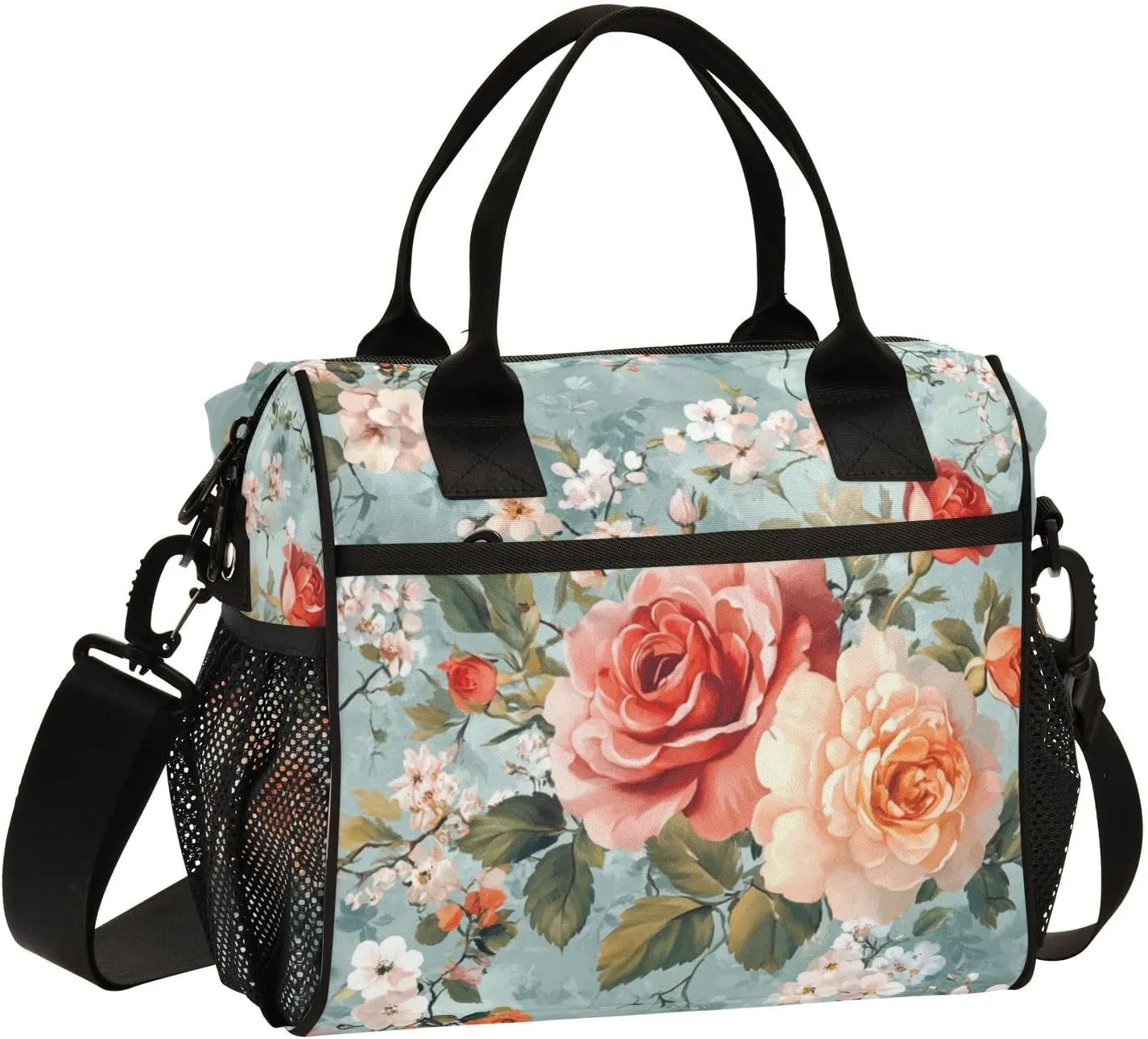 Floral Red Roses Lunch Bag Reusable Lunch Tote Bags Insulated Leakproof Cooler Bag Lunch Box Adjustable Shoulder Meal Holder for Women Men Work Picnic Camping